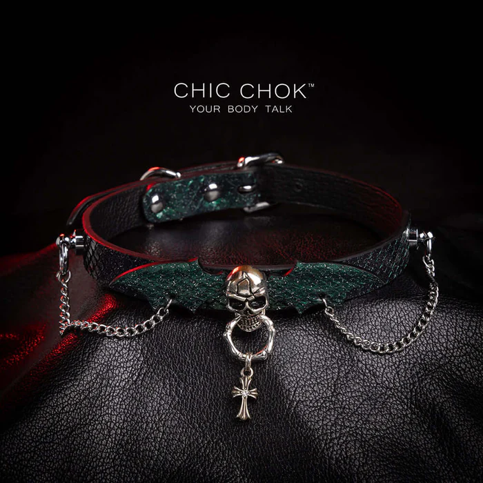 Elevate Your Gothic Style with ChicChok’s Green Leather Skull & Bat Wings Necklace