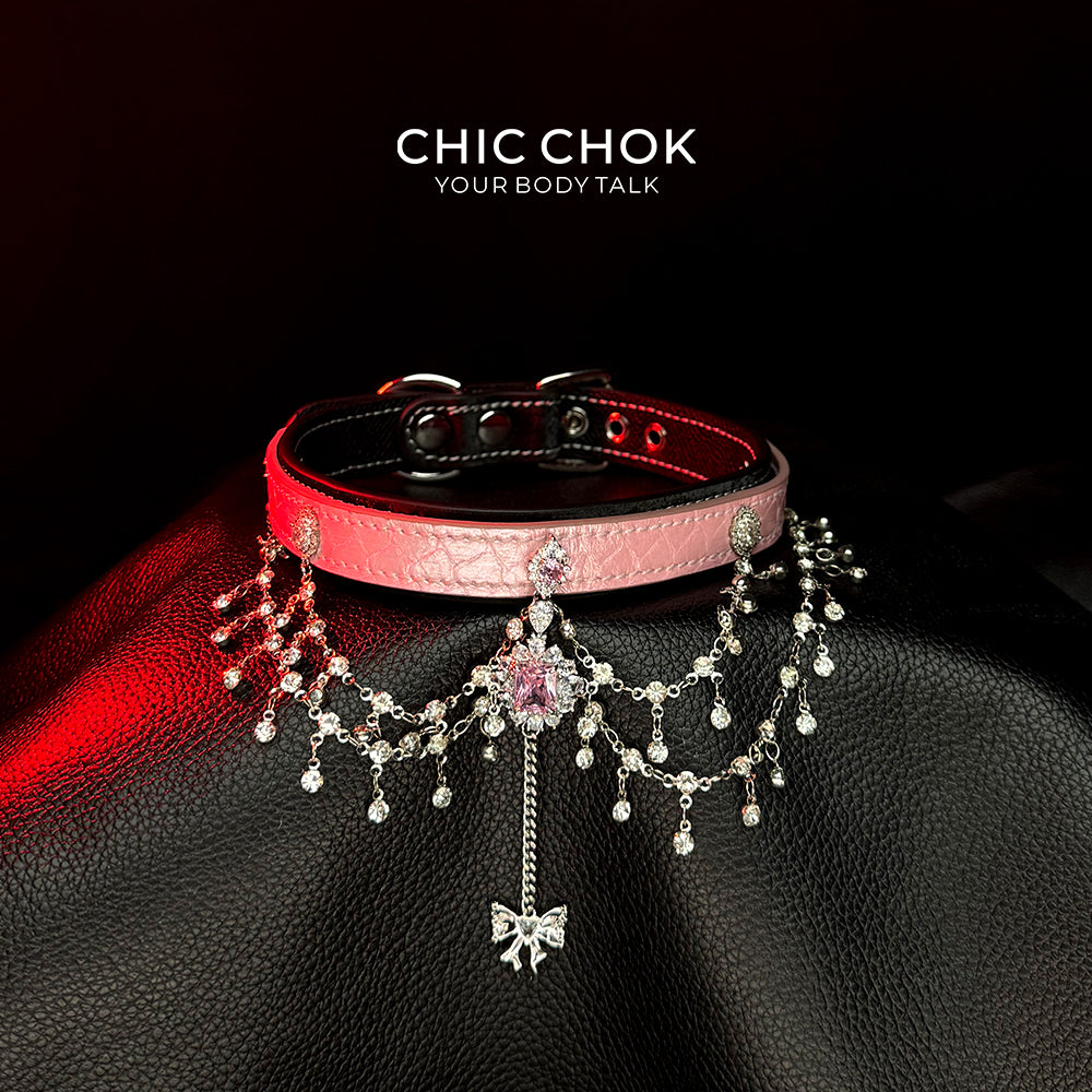 CHICCHOK [Celestial Charm] Crystal-Embellished Pink Leather Choker  A Touch of Elegance and Whimsy