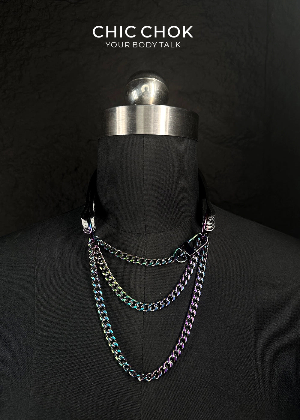 chicchok purple suffocation collar, featured python pattern design, multi-iron light metal ring and chain