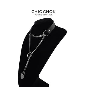 CHICCHOK [Breathless] Fashion Black with Thick Chains, Movable Pulling Chain Daily Wear Leather Necklace Choker versatile wear(With love lock)