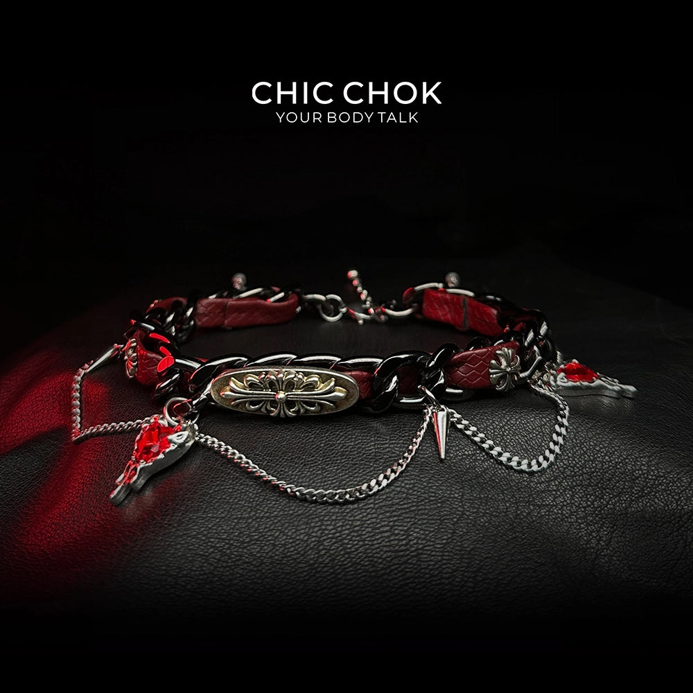 CHICCHOK Goth Flower choker embellishment of bright red hearts