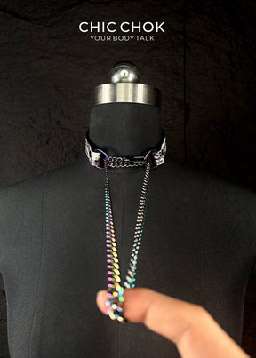 chicchok purple suffocation collar, featured python pattern design, multi-iron light metal ring and chain