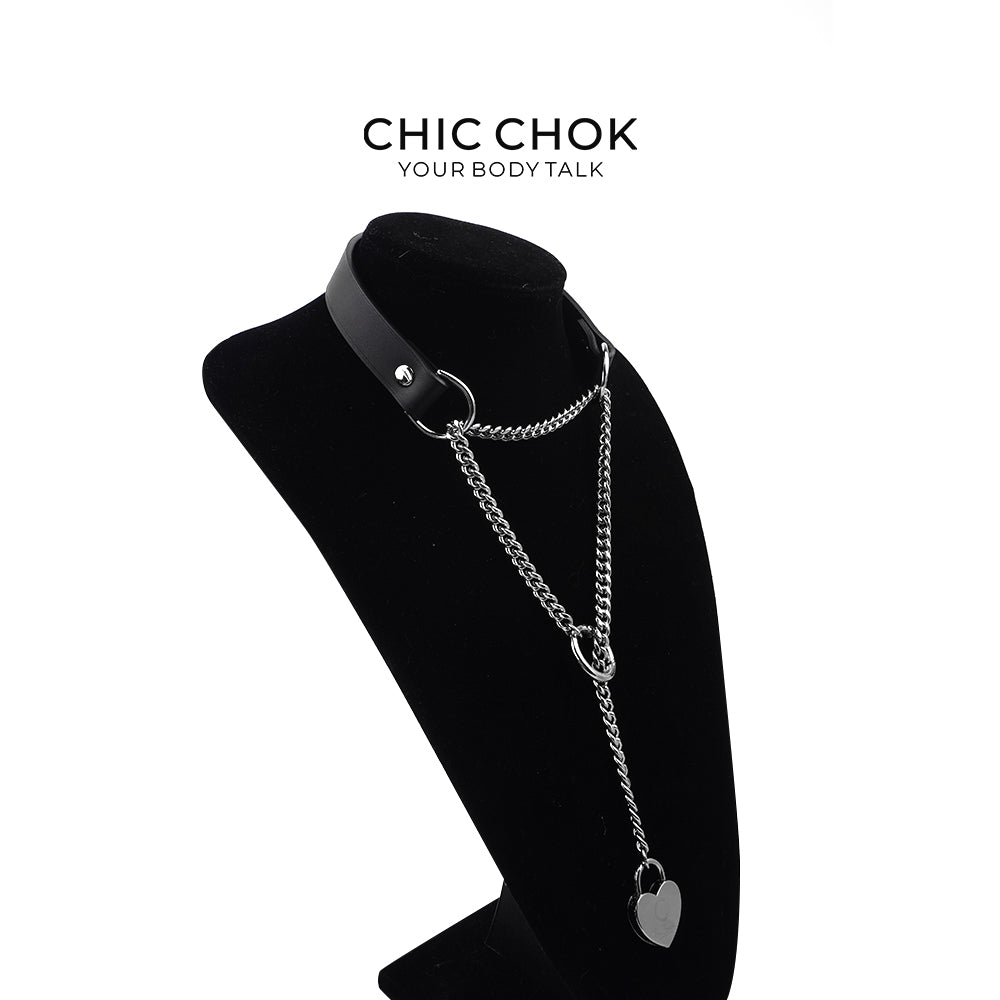 CHICCHOK [Breathless] Fashion Black with Thick Chains, Movable Pulling Chain Daily Wear Leather Necklace Choker versatile wear(With love lock)