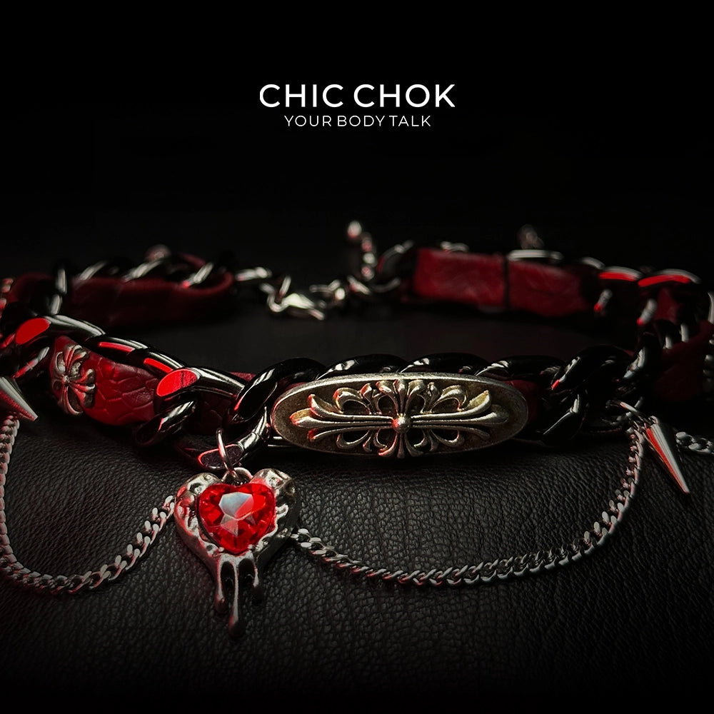 CHICCHOK Goth Flower choker embellishment of bright red hearts