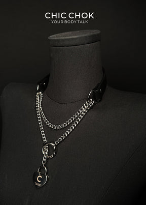 CHICCHOK [Breathless] Fashion Black with Thick Chains, Movable Pulling Chain Daily Wear Leather Necklace Choker versatile wear(With love lock)