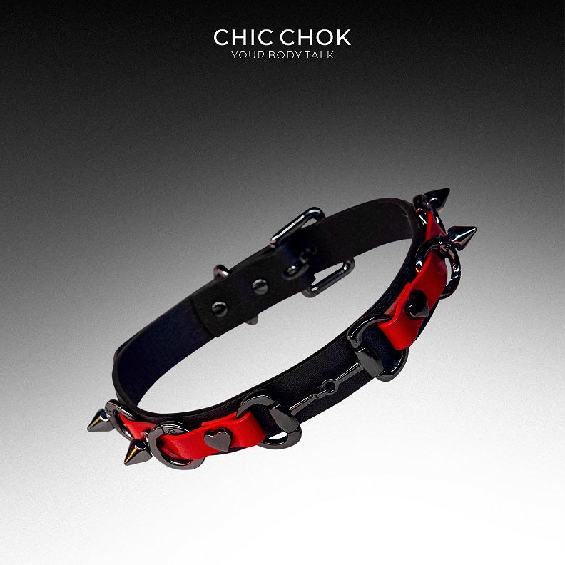 CHICCHOK [Mysterious Queen] Red&Black Spikes Stylish Leather Choker