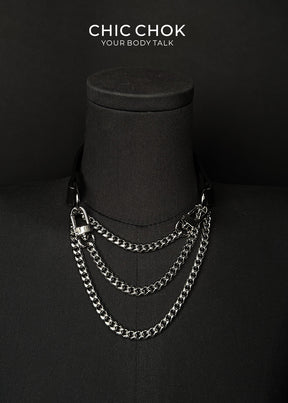 CHICCHOK [Breathless] Fashion Black with Thick Chains, Movable Pulling Chain Daily Wear Leather Necklace Choker versatile wear(Removable chain)