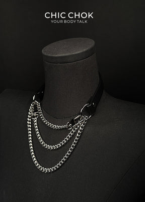 CHICCHOK [Breathless] Fashion Black with Thick Chains, Movable Pulling Chain Daily Wear Leather Necklace Choker versatile wear(Removable chain)